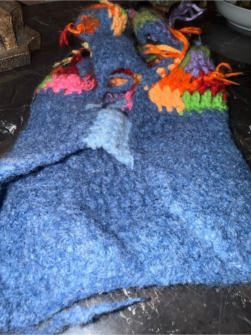 Handmade Blue Wool cat Sweater with Rainbow Trim